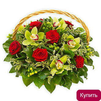 Орхидеи и розы в корзине