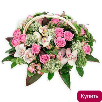 Орхидеи и розы в корзине