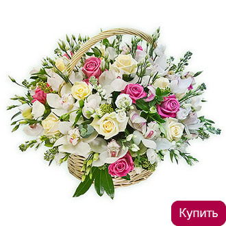 Орхидеи и эустома в корзине